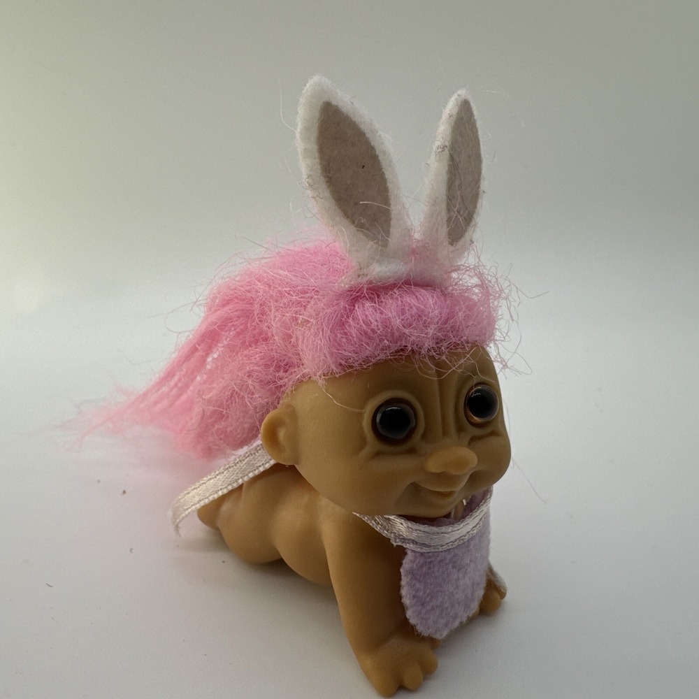 Vintage Easter Troll Doll Crawling Baby, Pink Hair, Purple Bib Bunny Ears - Picture 1 of 6